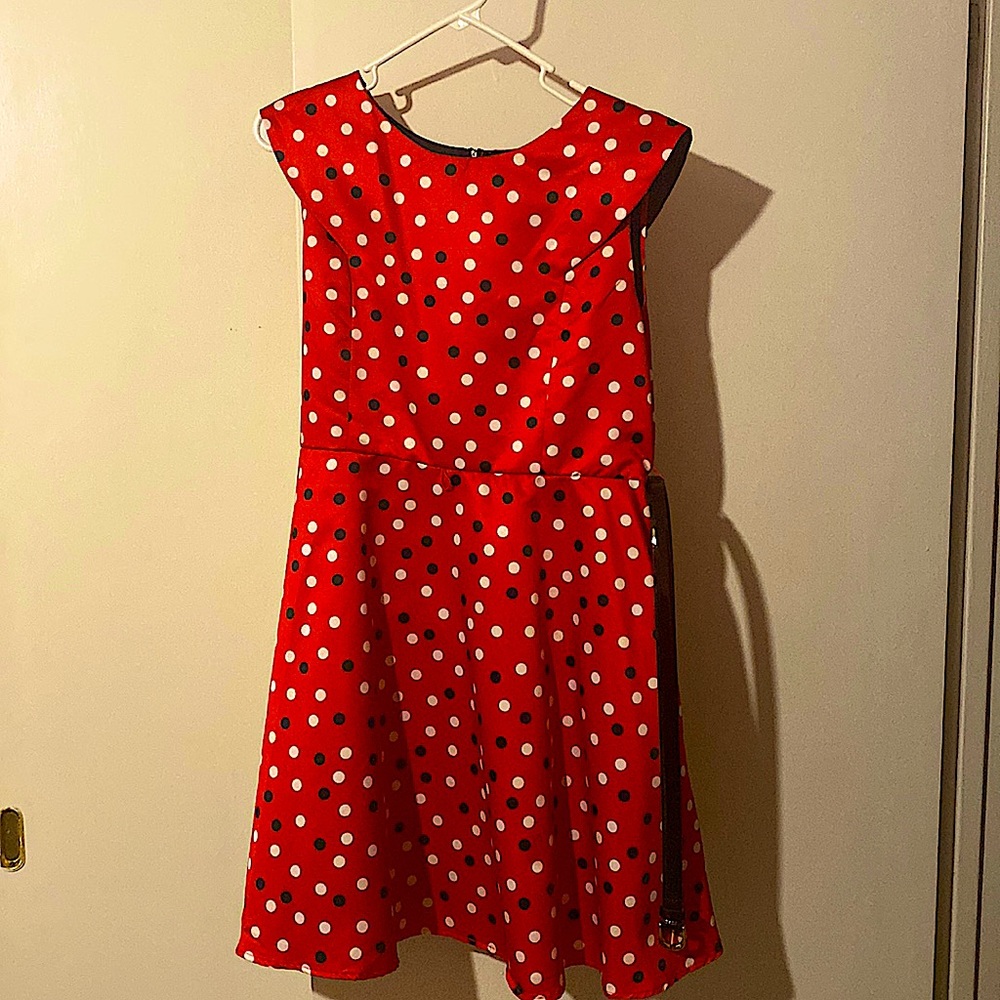 Red Christmas dress with black and white dots
